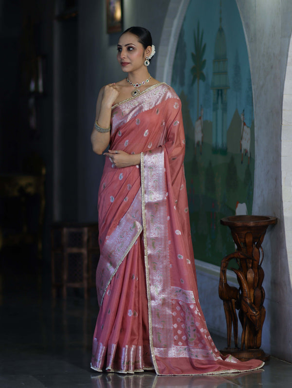 Banarasee Semi Chiffon Saree With Meena Work Silver Zari Border & Lace-Peach
