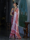 Banarasee Semi Chiffon Saree With Meena Work Silver Zari Border & Lace-Peach