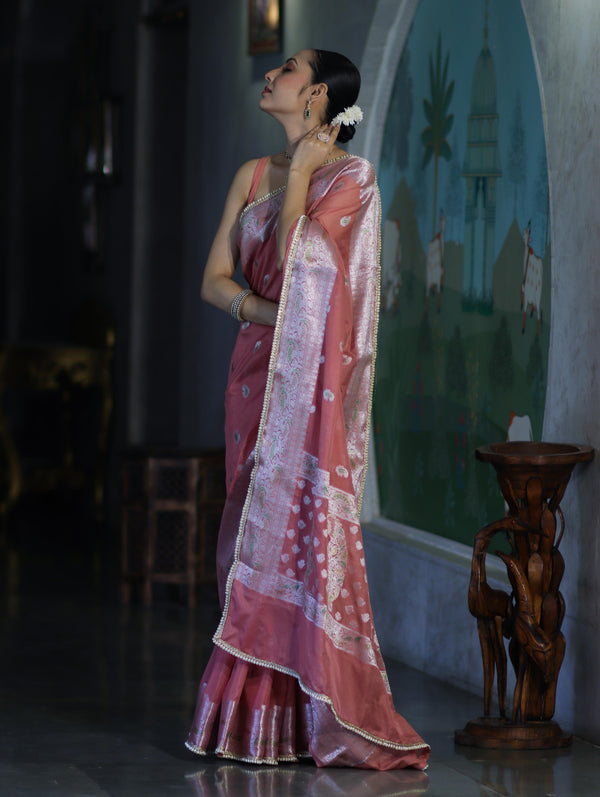 Banarasee Semi Chiffon Saree With Meena Work Silver Zari Border & Lace-Peach