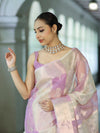 Banarasee Dual Color Organza Mix Saree With Zari Woven Design & Border-Lavender & White
