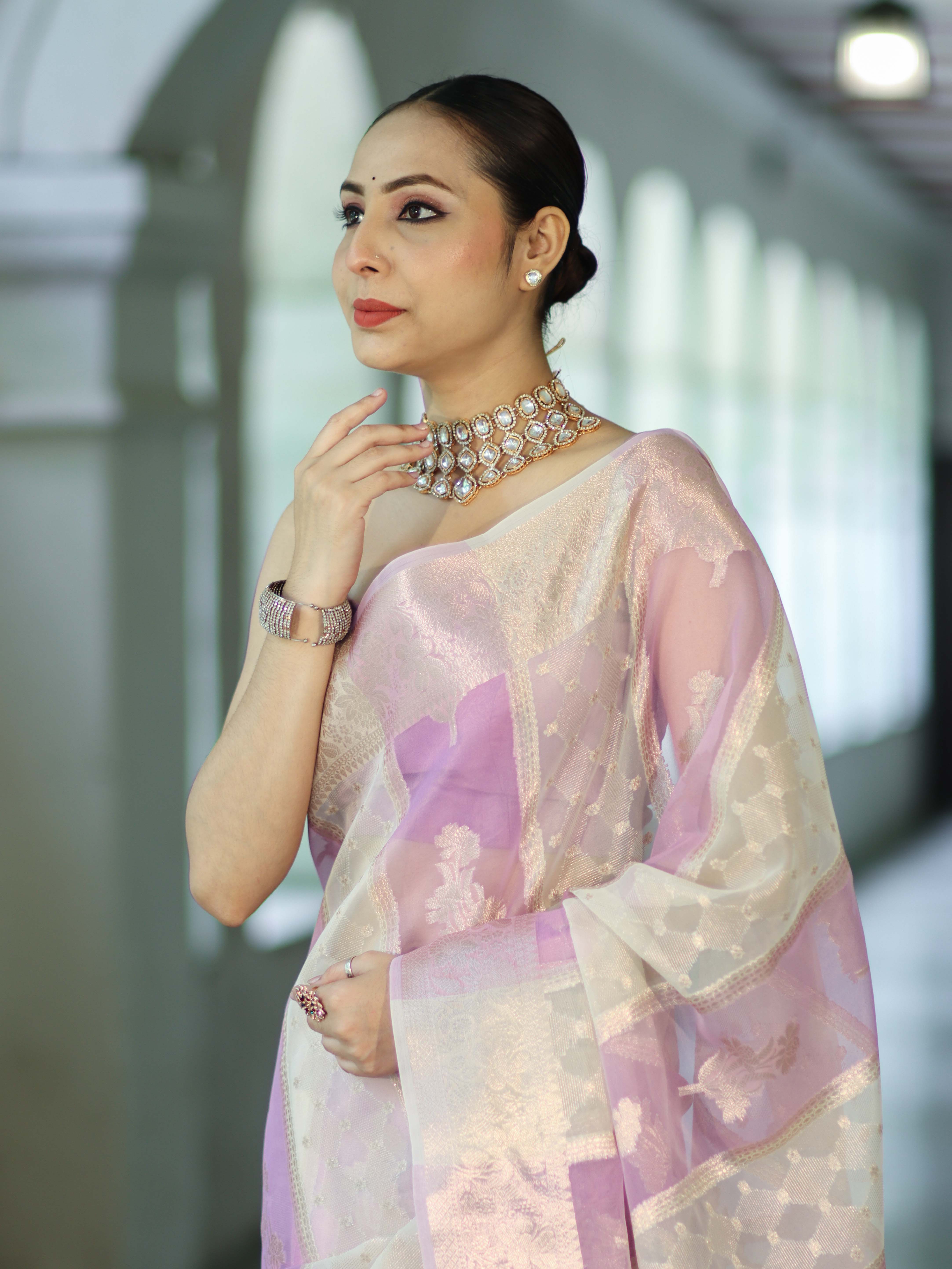 Banarasee Dual Color Organza Mix Saree With Zari Woven Design & Border-Lavender & White