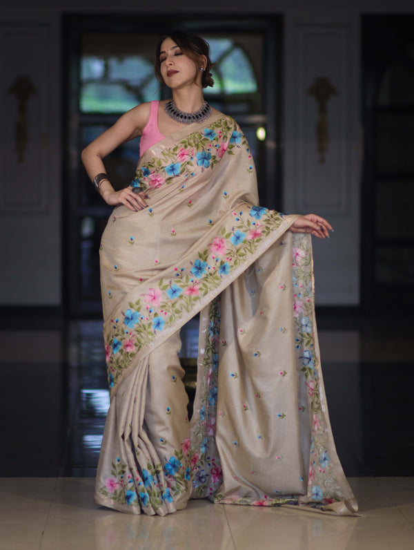 Banarasee Handwoven Semi-Tussar Saree With Embroidered Floral Motifs & Border-Beige