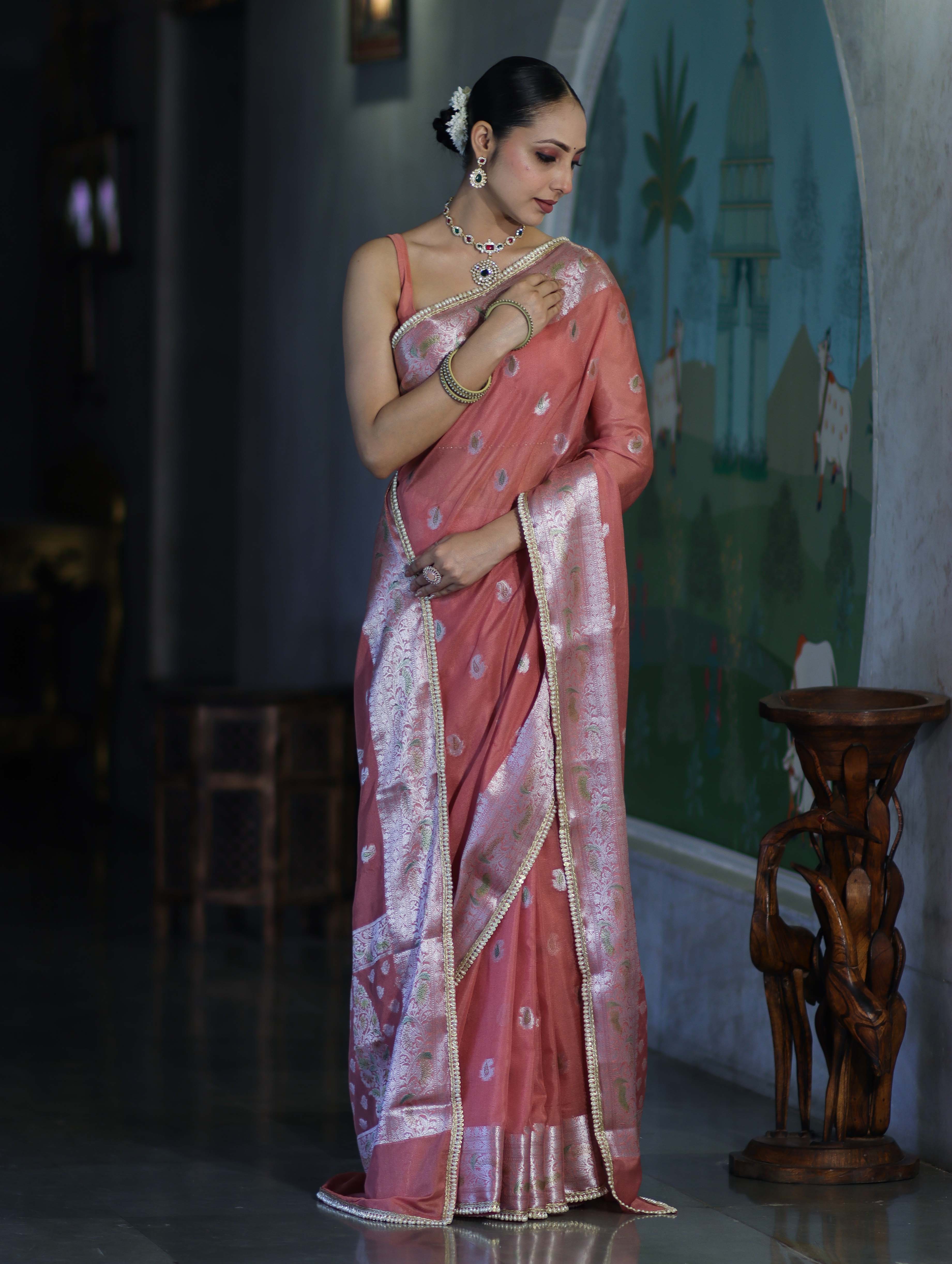 Banarasee Semi Chiffon Saree With Meena Work Silver Zari Border & Lace-Peach