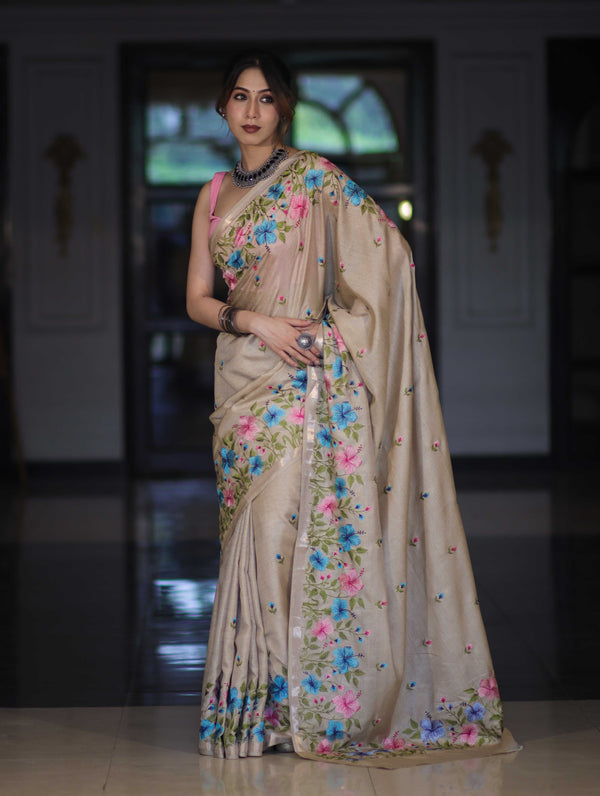 Banarasee Handwoven Semi-Tussar Saree With Embroidered Floral Motifs & Border-Beige