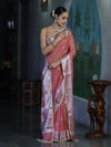 Banarasee Semi Chiffon Saree With Meena Work Silver Zari Border & Lace-Peach