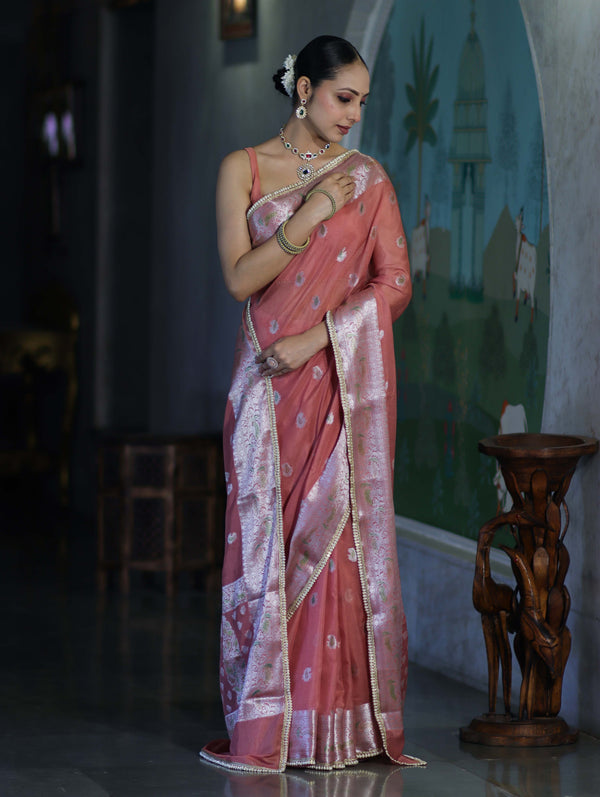 Banarasee Semi Chiffon Saree With Meena Work Silver Zari Border & Lace-Peach