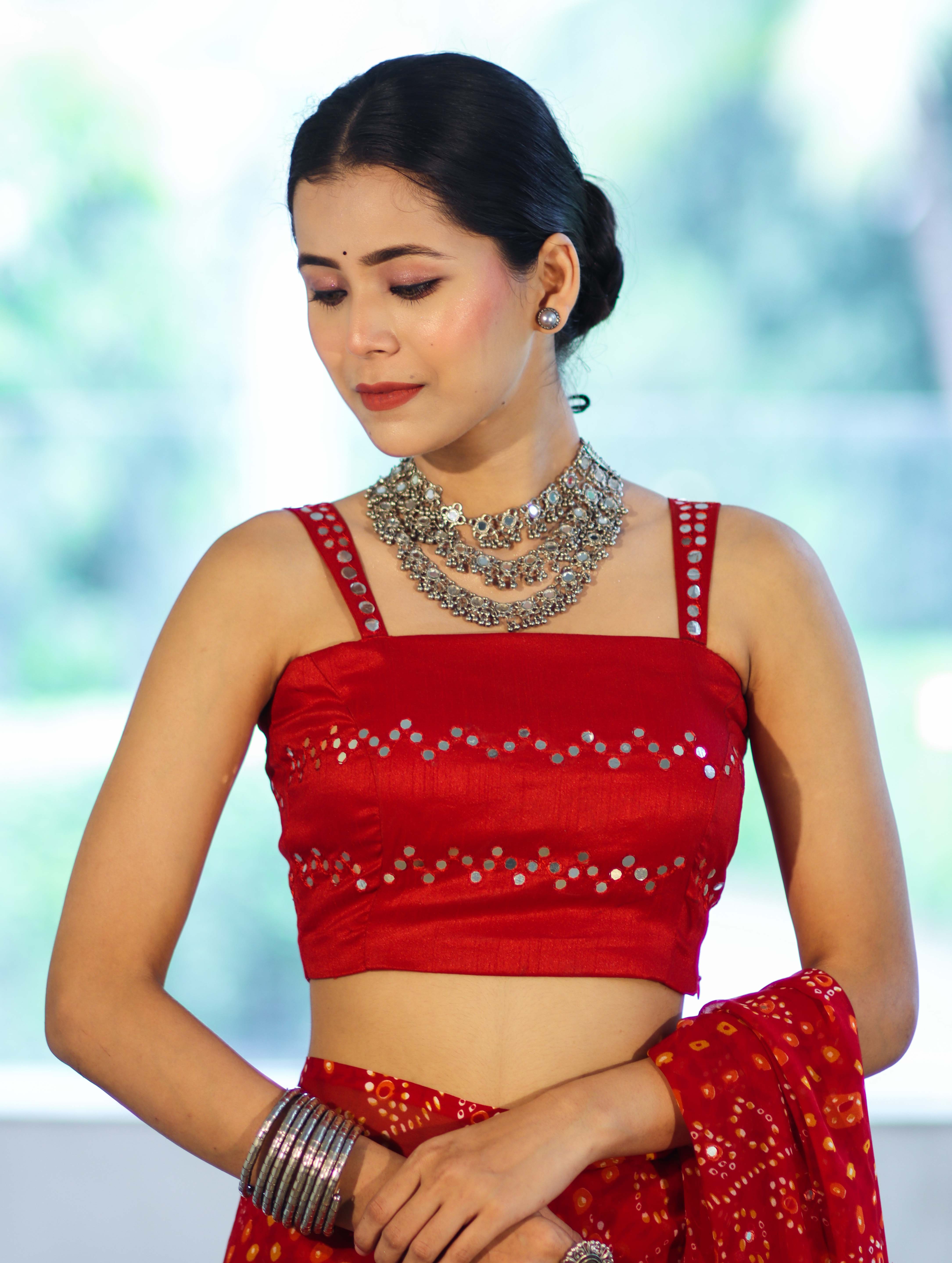 Banarasee Art Silk Fabric Hand Embroidered Mirror Work Blouse-Red