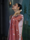 Banarasee Semi Chiffon Saree With Meena Work Silver Zari Border & Lace-Peach