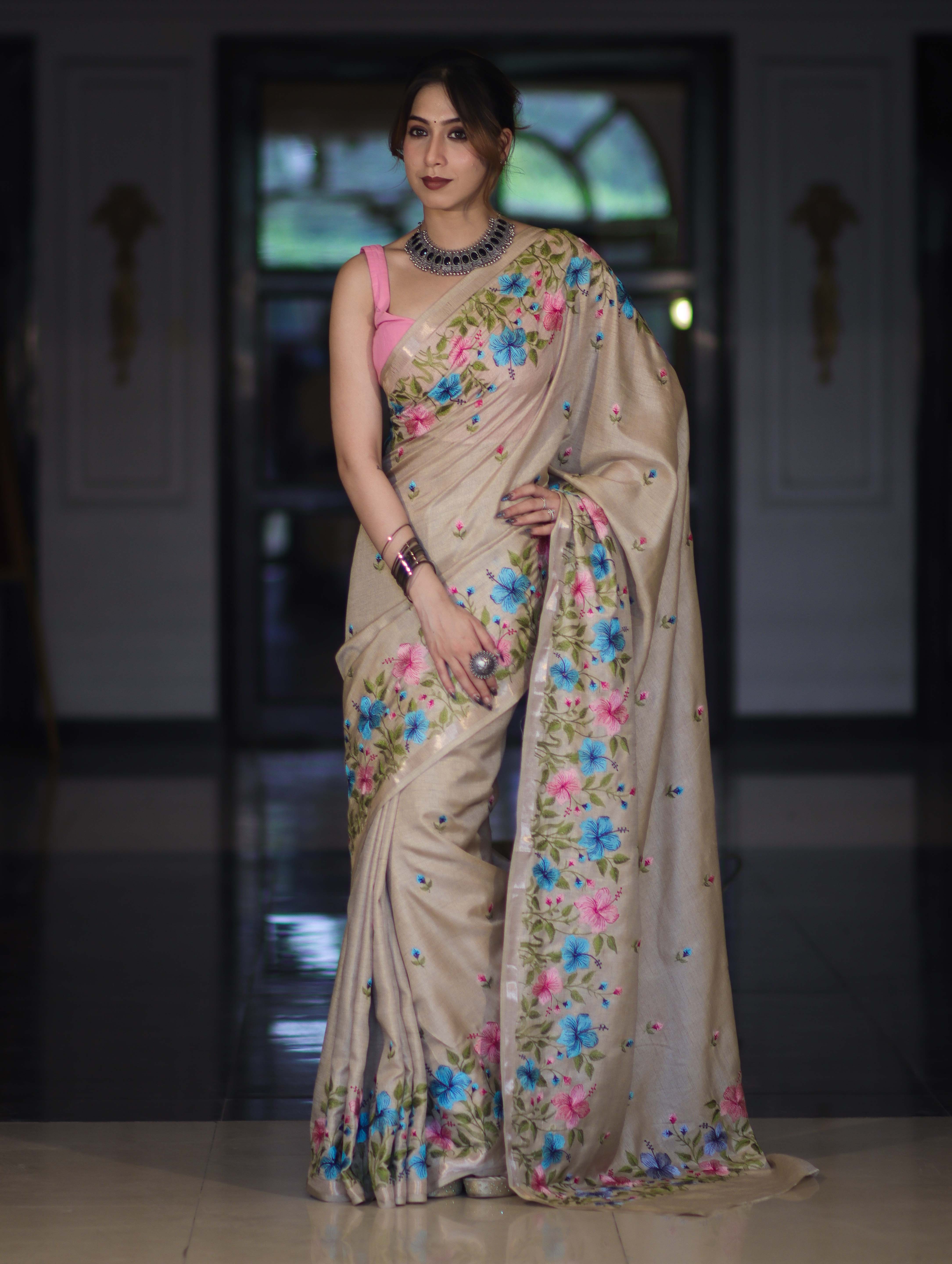Banarasee Handwoven Semi-Tussar Saree With Embroidered Floral Motifs & Border-Beige