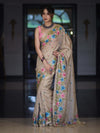 Banarasee Handwoven Semi-Tussar Saree With Embroidered Floral Motifs & Border-Beige