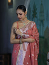 Banarasee Semi Chiffon Saree With Meena Work Silver Zari Border & Lace-Peach