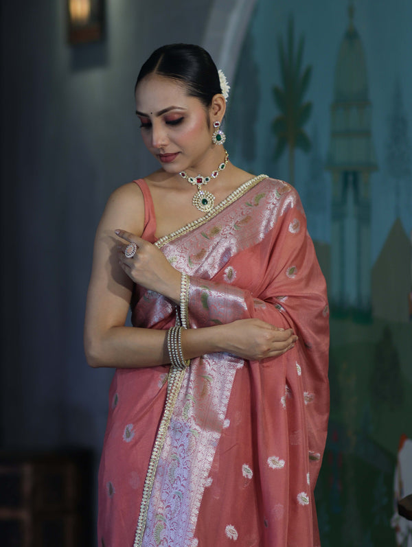 Banarasee Semi Chiffon Saree With Meena Work Silver Zari Border & Lace-Peach