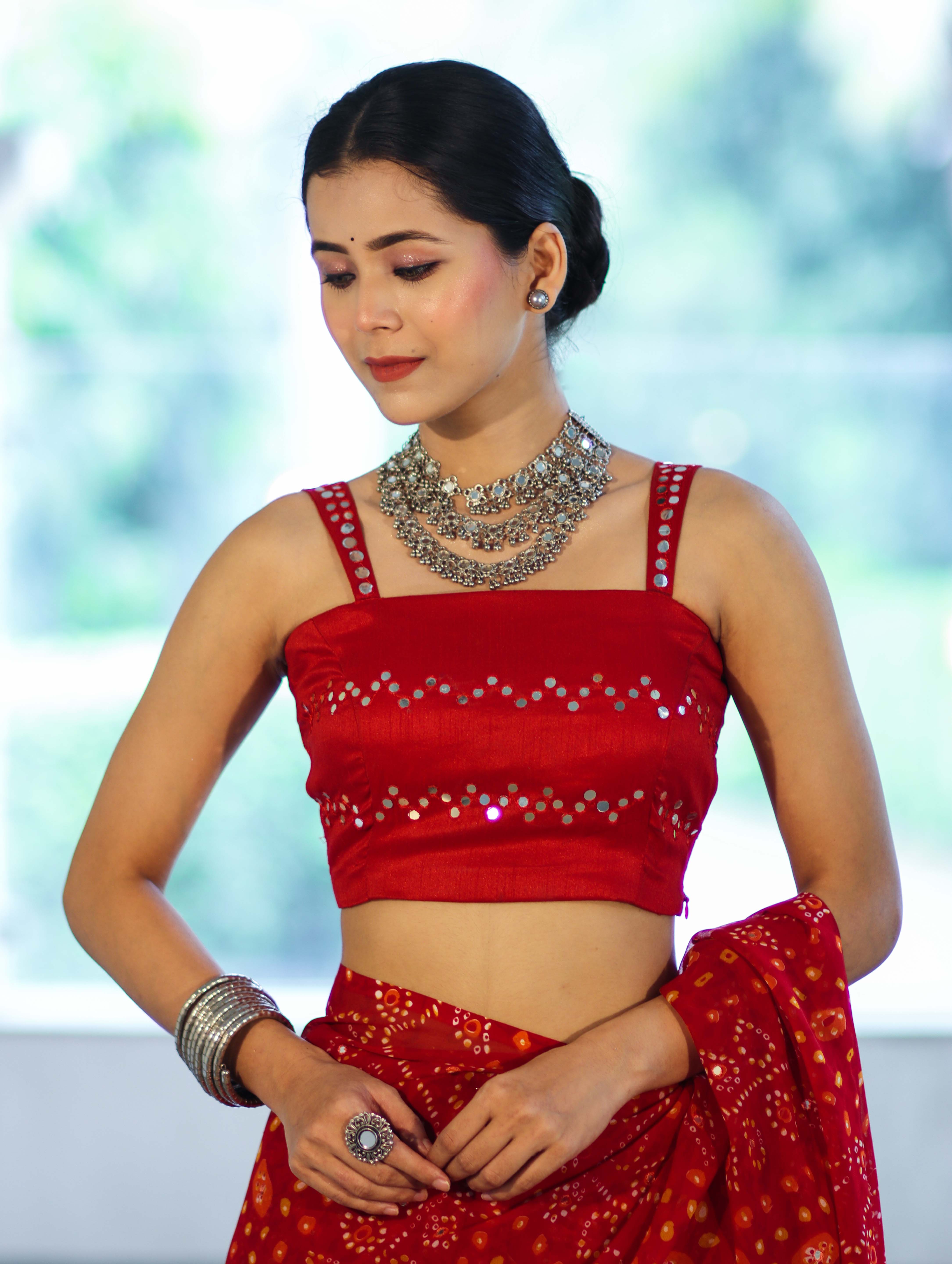 Banarasee Art Silk Fabric Hand Embroidered Mirror Work Blouse-Red