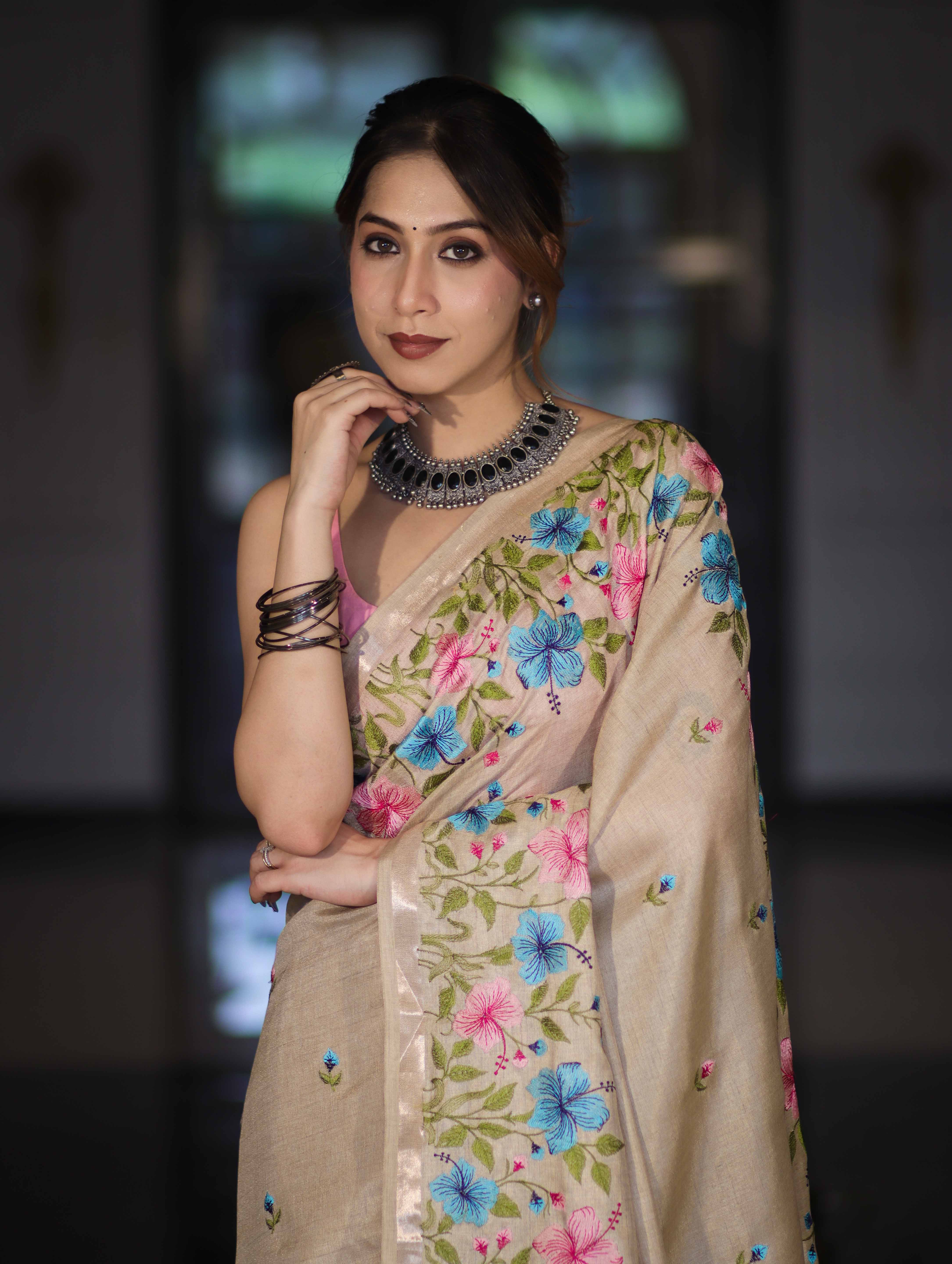 Banarasee Handwoven Semi-Tussar Saree With Embroidered Floral Motifs & Border-Beige