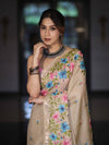 Banarasee Handwoven Semi-Tussar Saree With Embroidered Floral Motifs & Border-Beige
