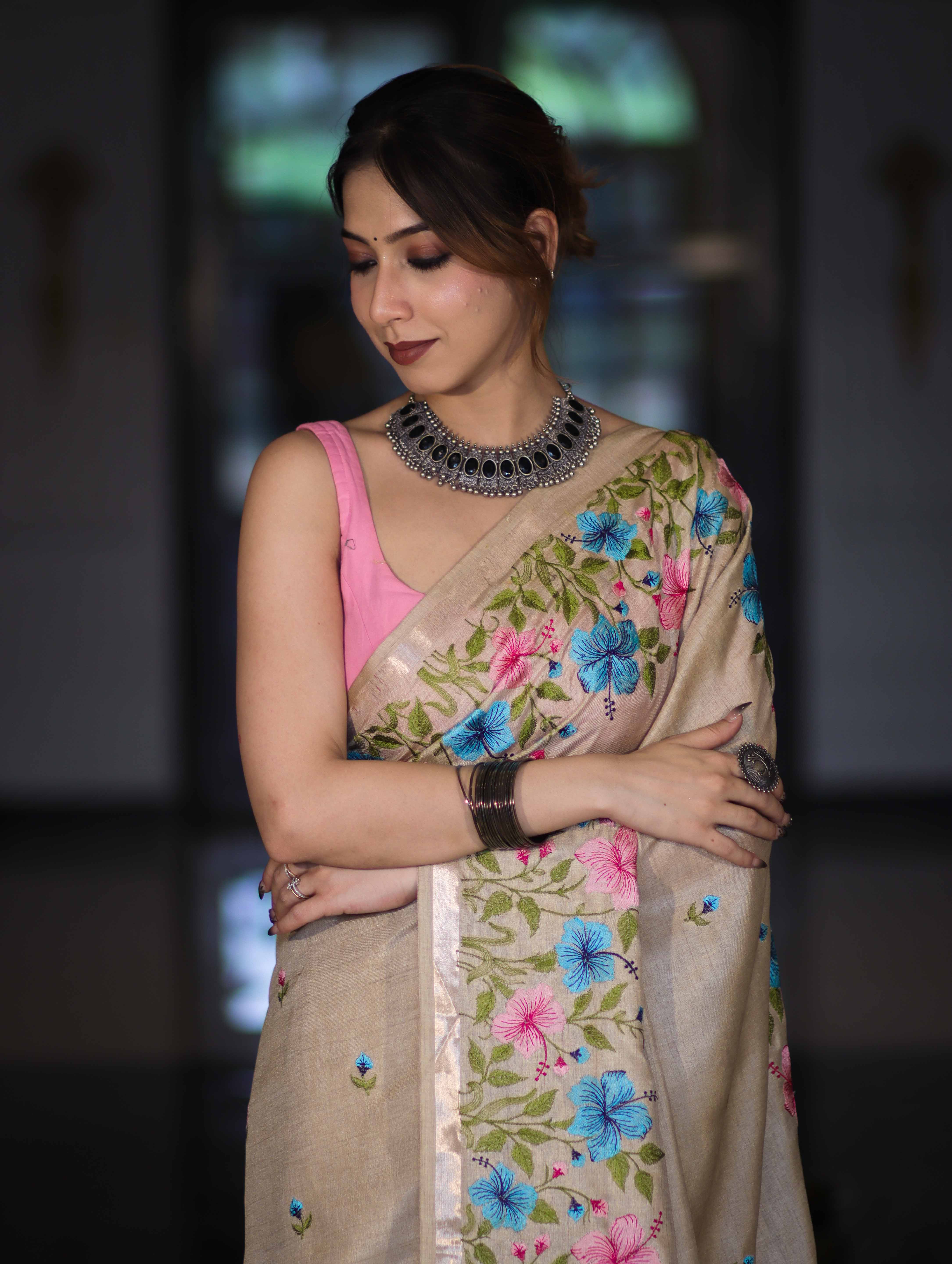 Banarasee Handwoven Semi-Tussar Saree With Embroidered Floral Motifs & Border-Beige