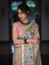 Banarasee Handwoven Semi-Tussar Saree With Embroidered Floral Motifs & Border-Beige