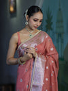 Banarasee Semi Chiffon Saree With Meena Work Silver Zari Border & Lace-Peach