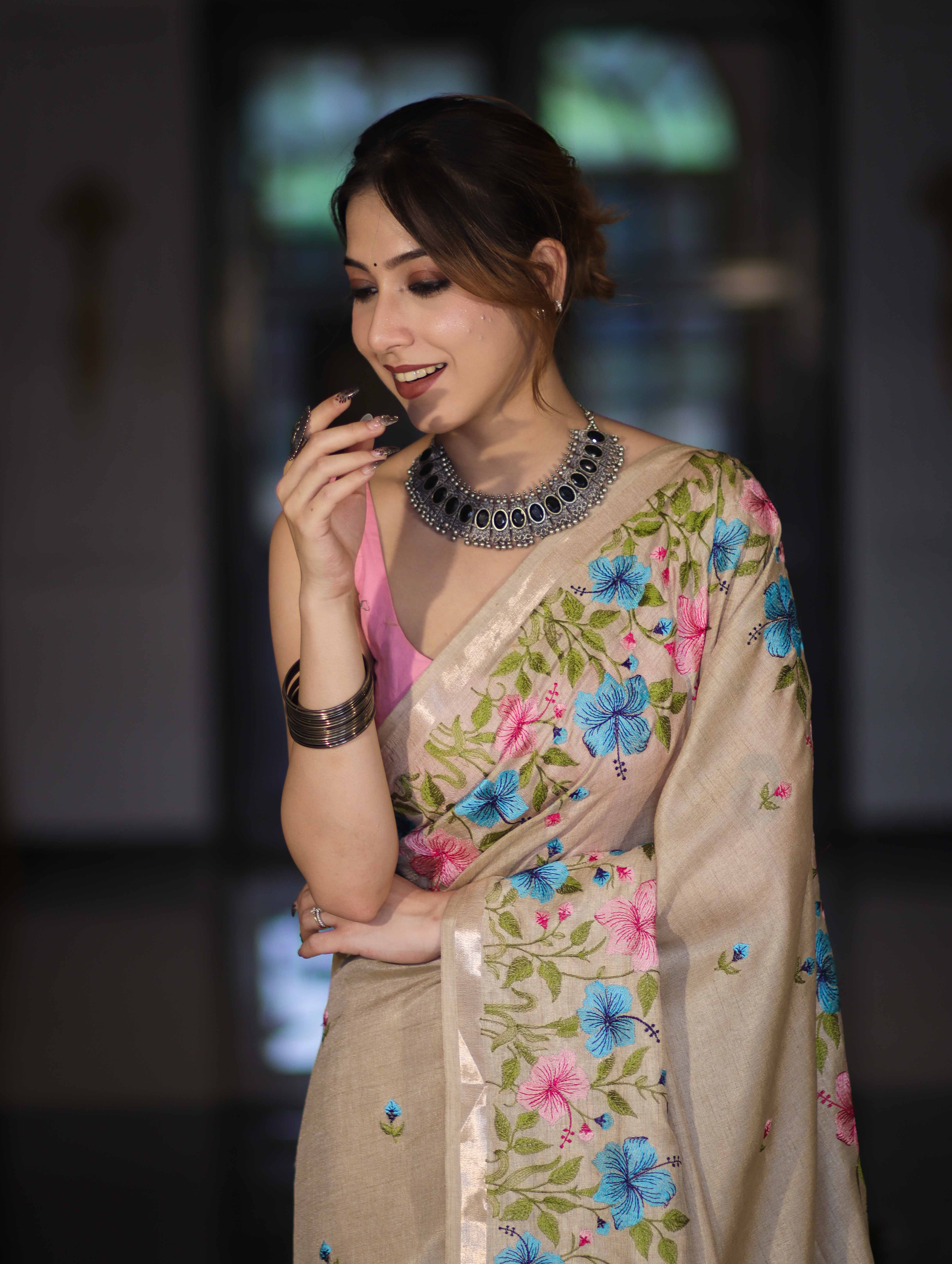 Banarasee Handwoven Semi-Tussar Saree With Embroidered Floral Motifs & Border-Beige