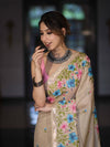 Banarasee Handwoven Semi-Tussar Saree With Embroidered Floral Motifs & Border-Beige