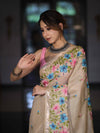 Banarasee Handwoven Semi-Tussar Saree With Embroidered Floral Motifs & Border-Beige