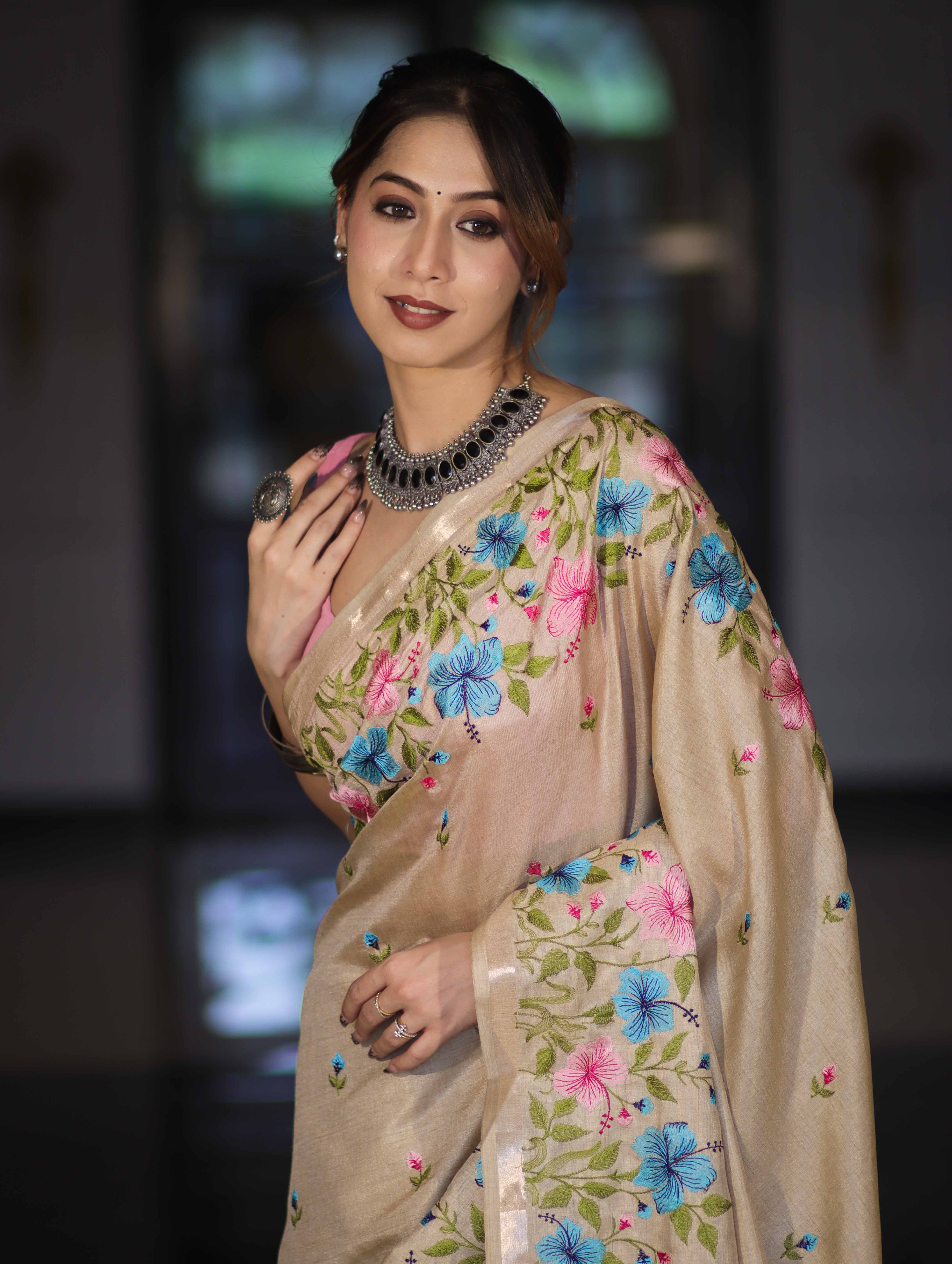 Banarasee Handwoven Semi-Tussar Saree With Embroidered Floral Motifs & Border-Beige