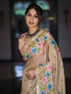 Banarasee Handwoven Semi-Tussar Saree With Embroidered Floral Motifs & Border-Beige