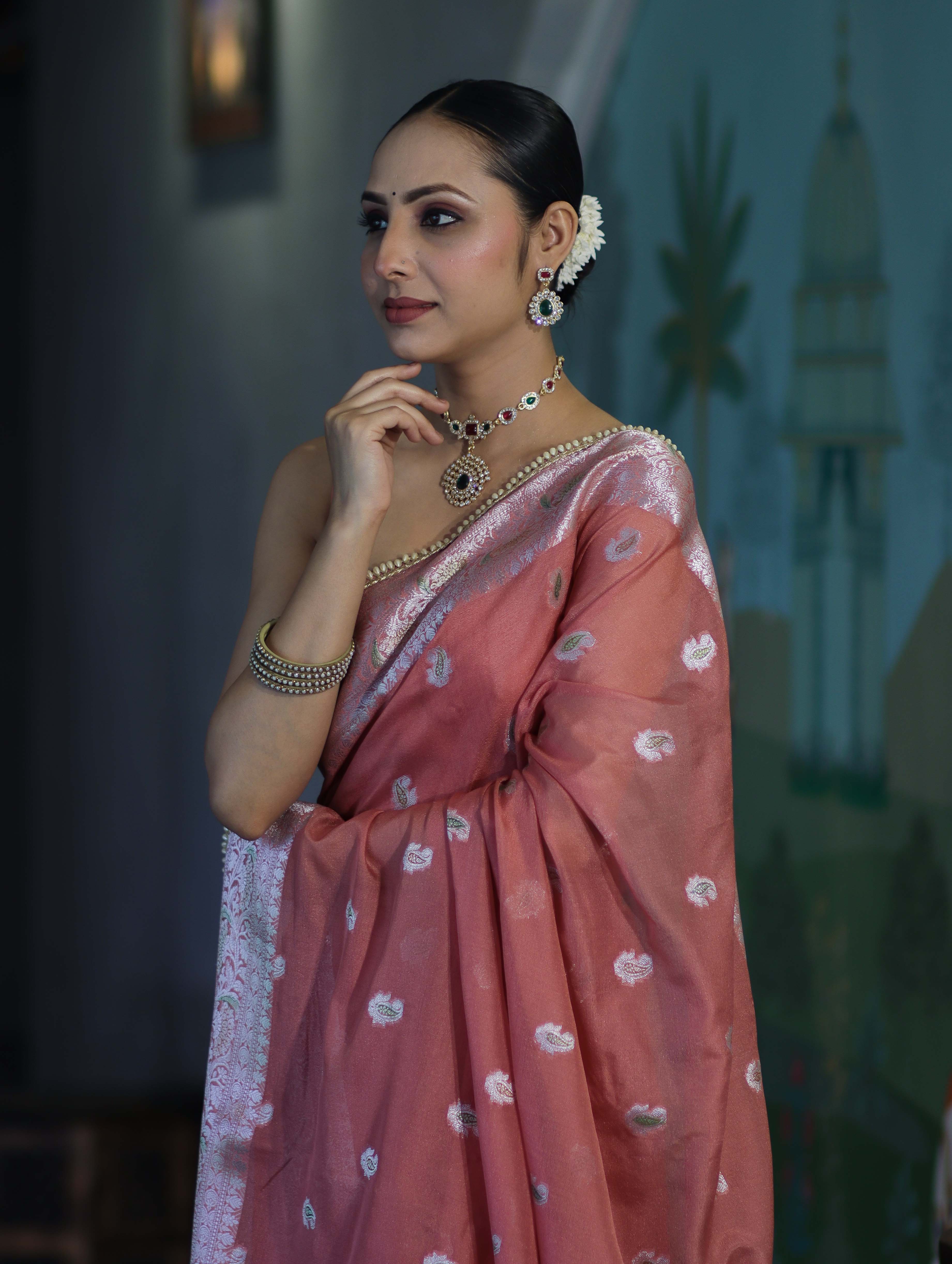 Banarasee Semi Chiffon Saree With Meena Work Silver Zari Border & Lace-Peach