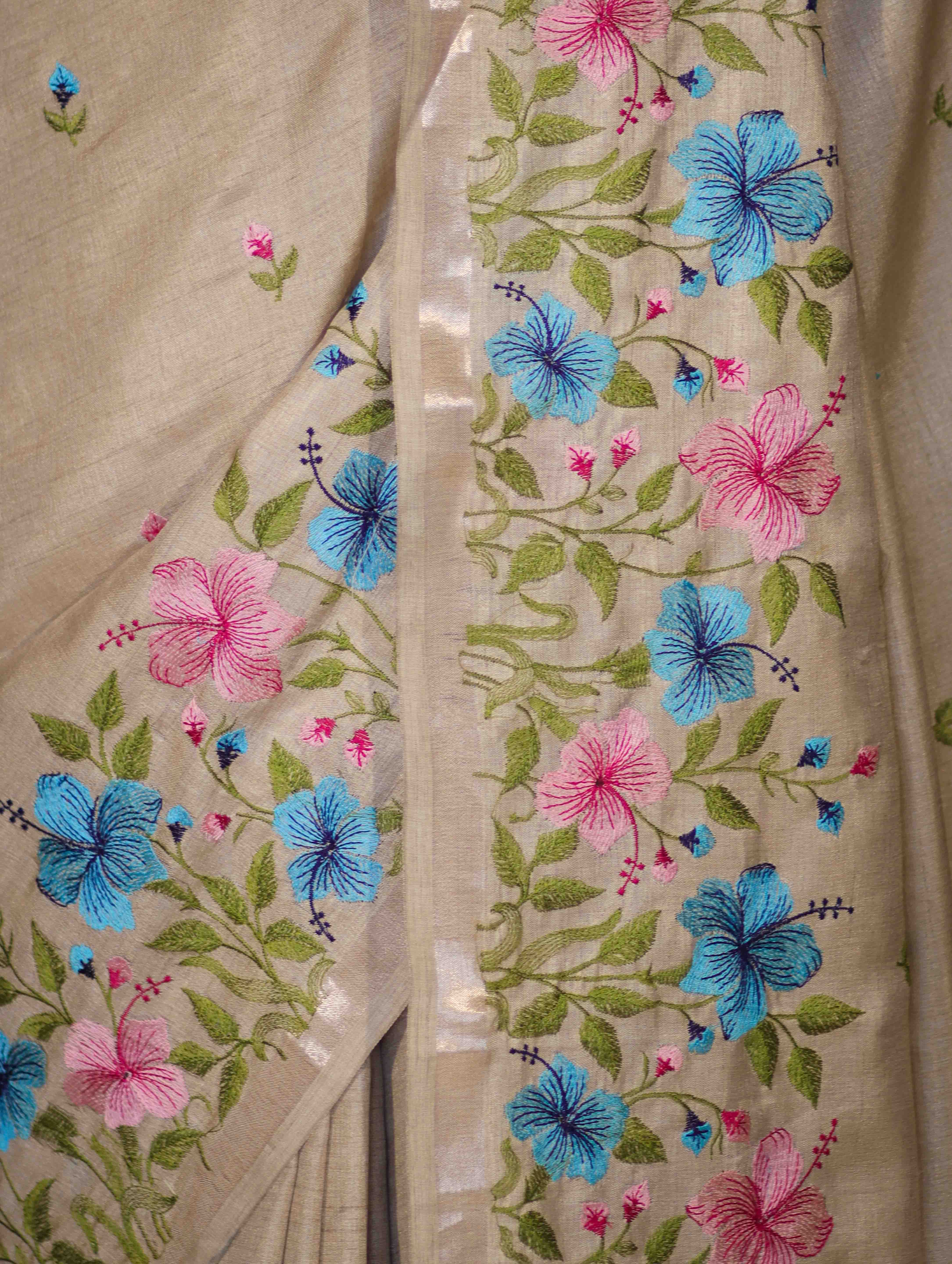 Banarasee Handwoven Semi-Tussar Saree With Embroidered Floral Motifs & Border-Beige