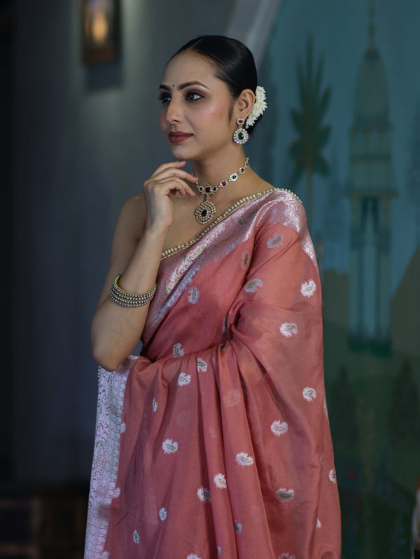 Banarasee Semi Chiffon Saree With Meena Work Silver Zari Border & Lace-Peach