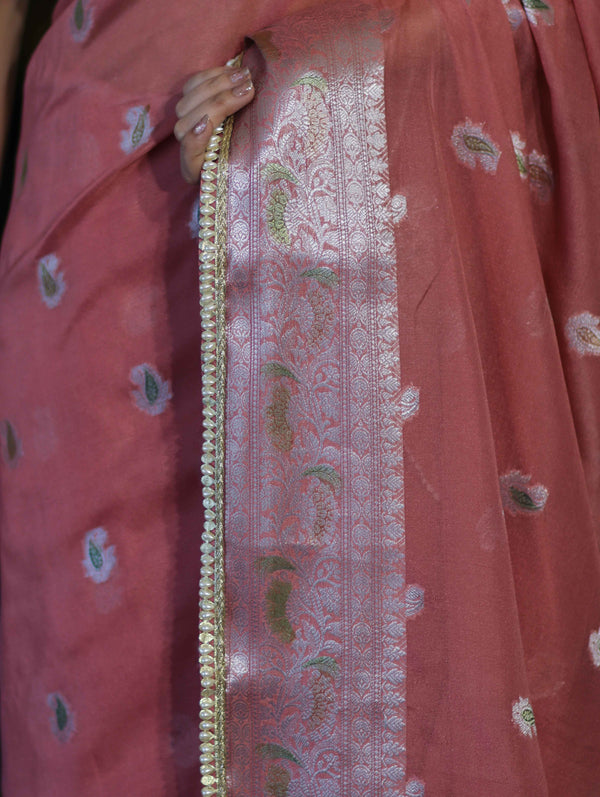 Banarasee Semi Chiffon Saree With Meena Work Silver Zari Border & Lace-Peach