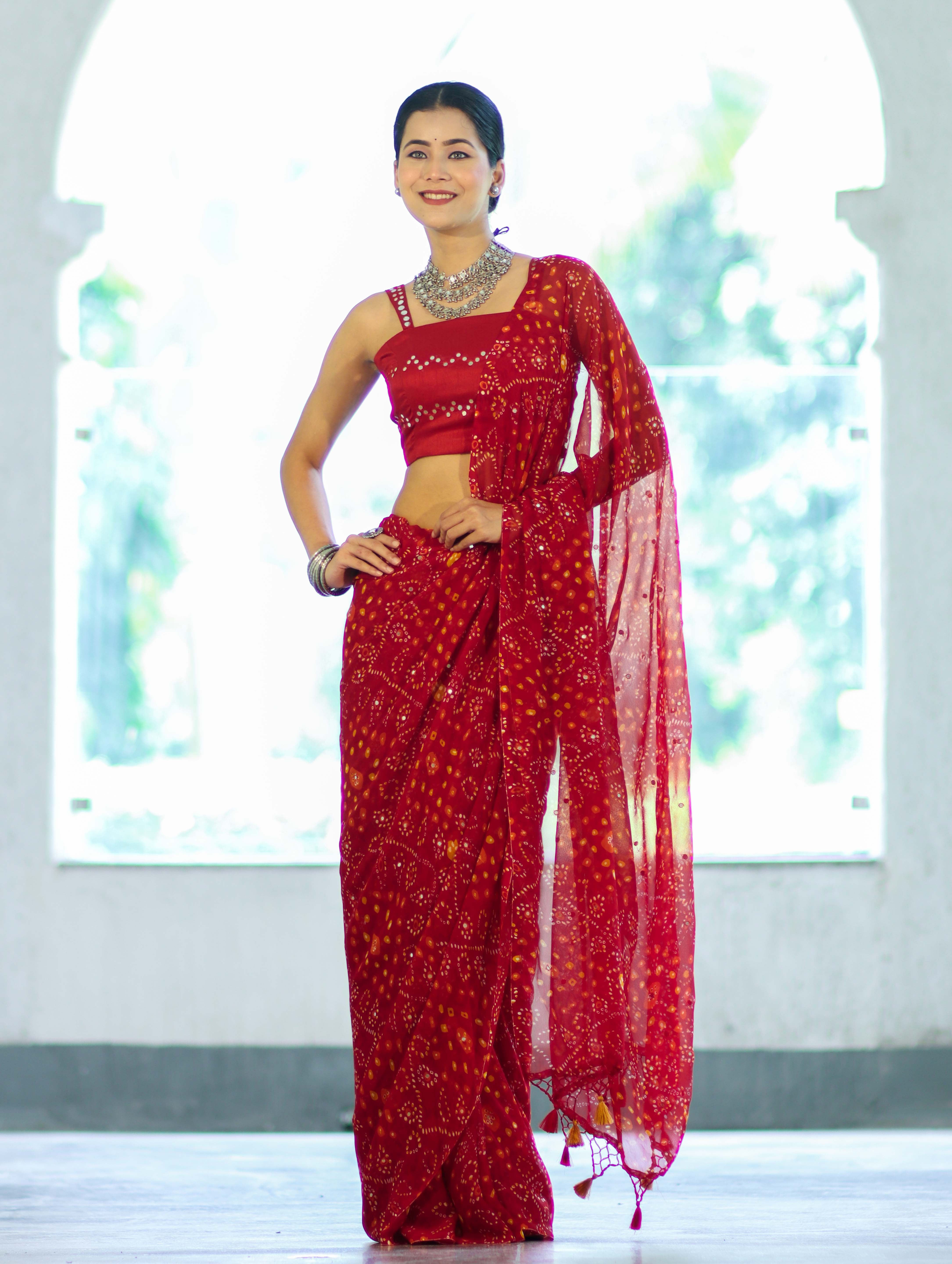 Banarasee Printed Handwork Chiffon Saree-Red