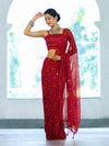 Banarasee Printed Handwork Chiffon Saree-Red