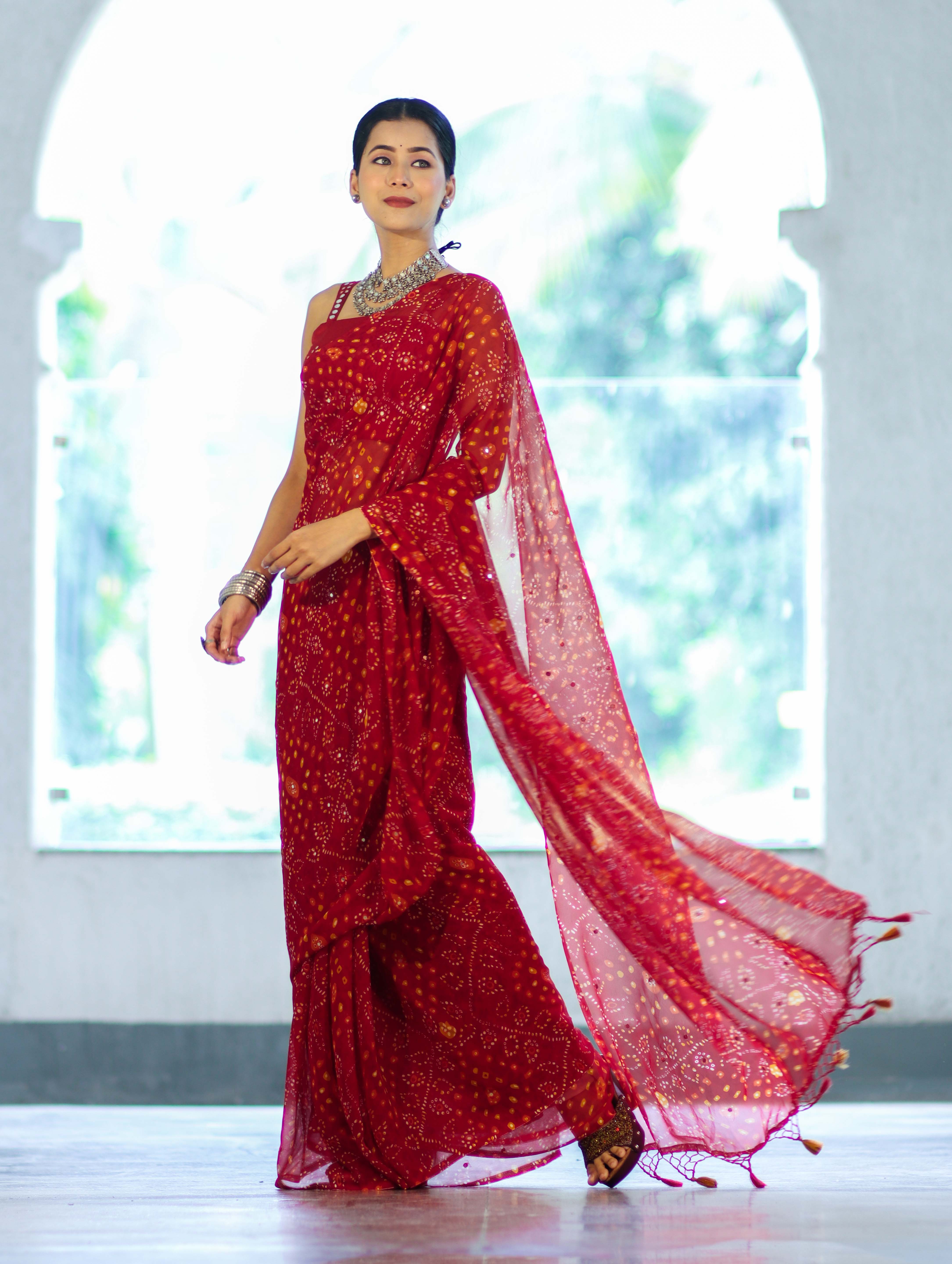 Banarasee Printed Handwork Chiffon Saree-Red