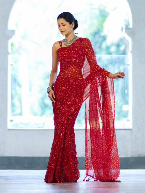 Banarasee Printed Handwork Chiffon Saree-Red