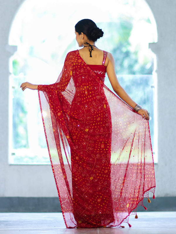 Banarasee Printed Handwork Chiffon Saree-Red