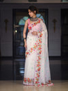 Banarasee Handloom Cotton Saree With Embroidered Floral Design & Digital Printed Border-White