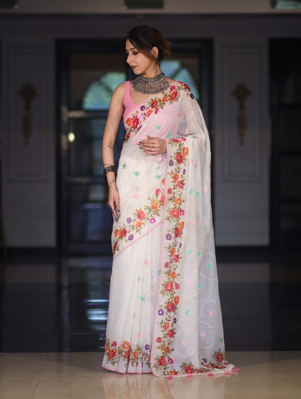 Banarasee Handloom Cotton Saree With Embroidered Floral Design & Digital Printed Border-White