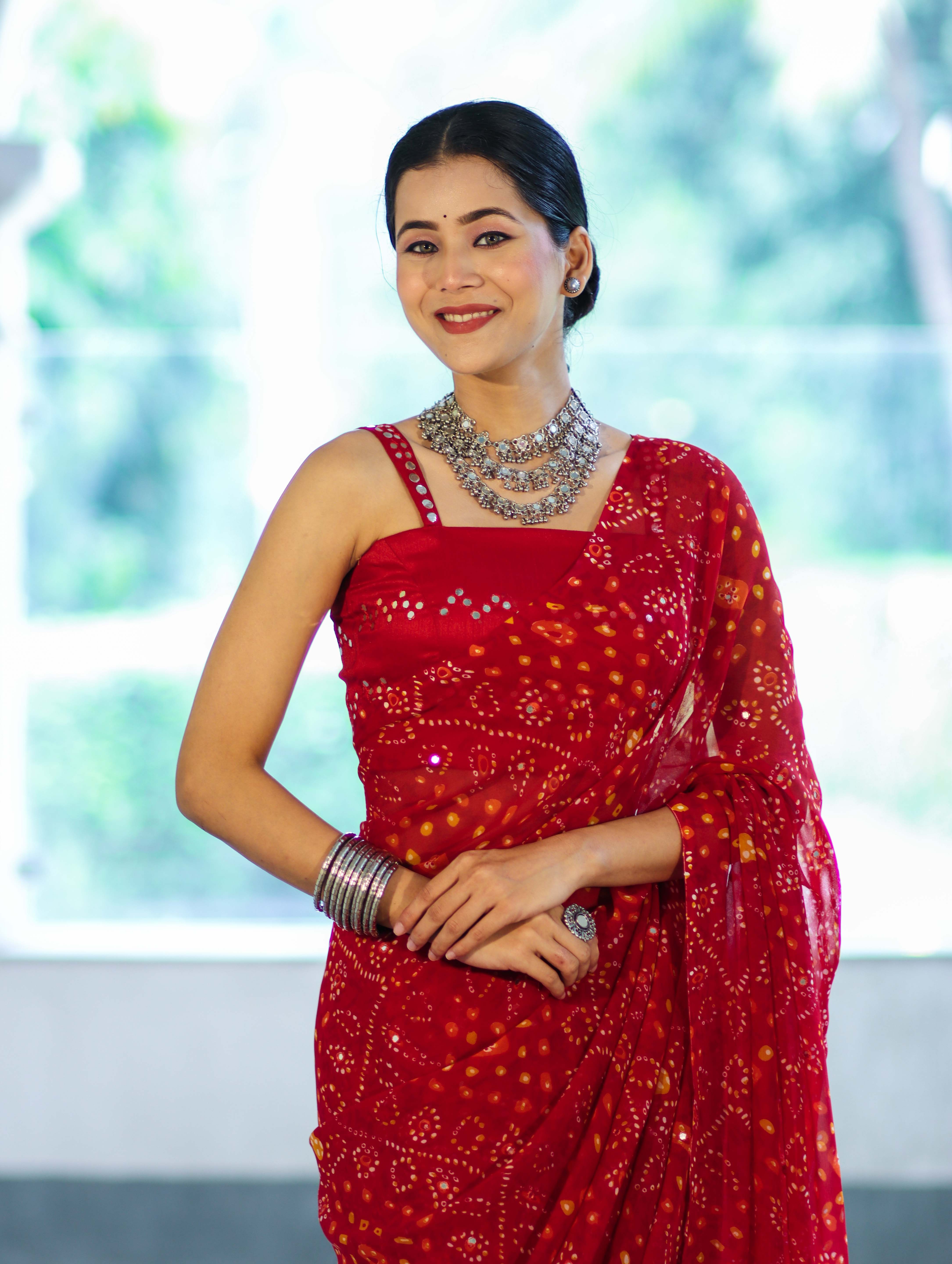 Banarasee Printed Handwork Chiffon Saree-Red