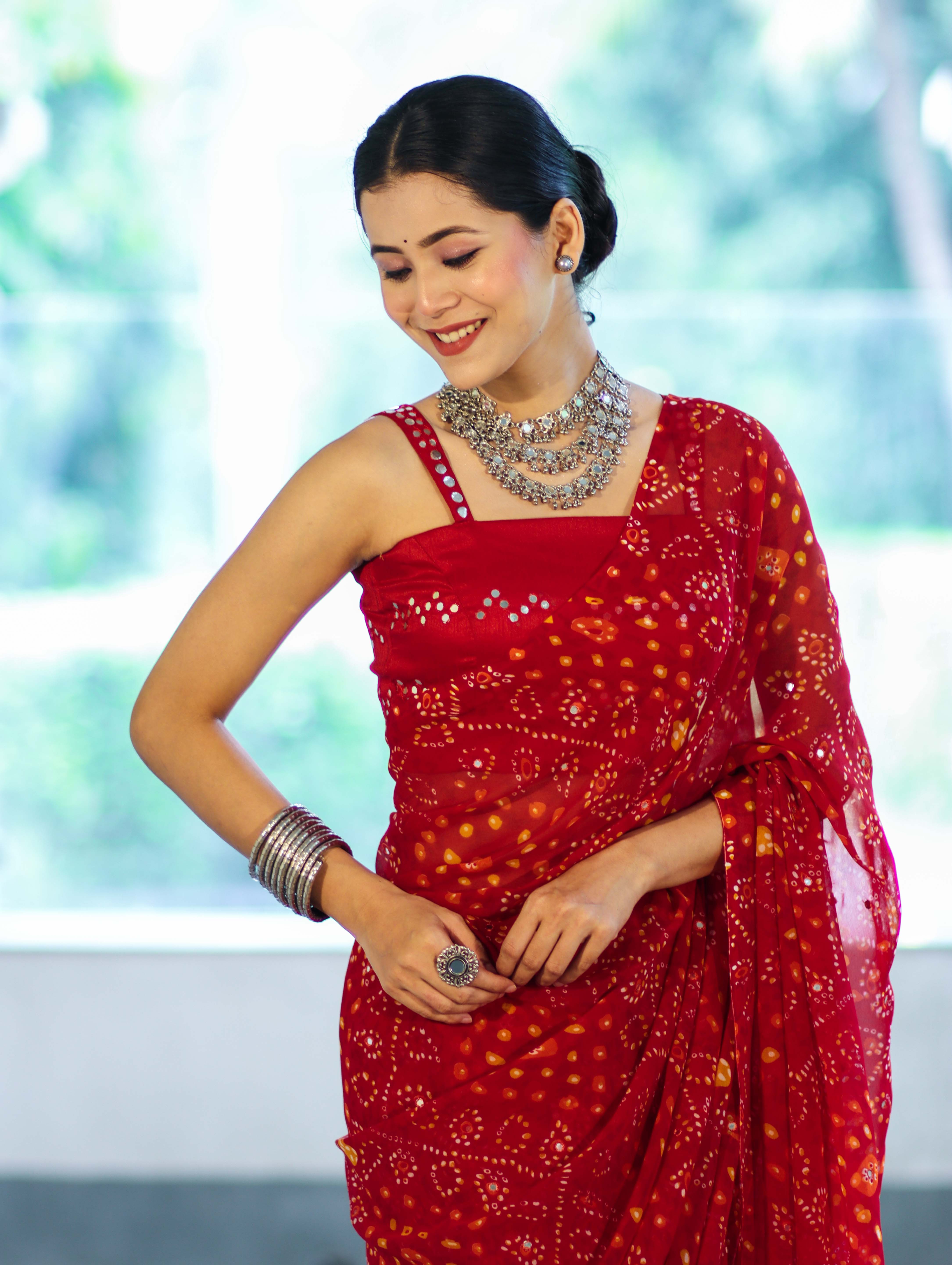 Banarasee Printed Handwork Chiffon Saree-Red