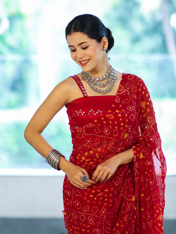 Banarasee Printed Handwork Chiffon Saree-Red