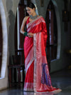 Banarasee Handloom Plain Mashru Silk Saree With Lace Border & Meenadar Pallu-Red