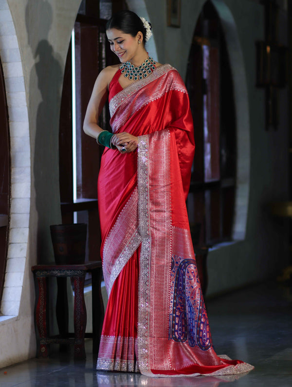 Banarasee Handloom Plain Mashru Silk Saree With Lace Border & Meenadar Pallu-Red