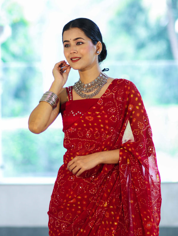 Banarasee Printed Handwork Chiffon Saree-Red