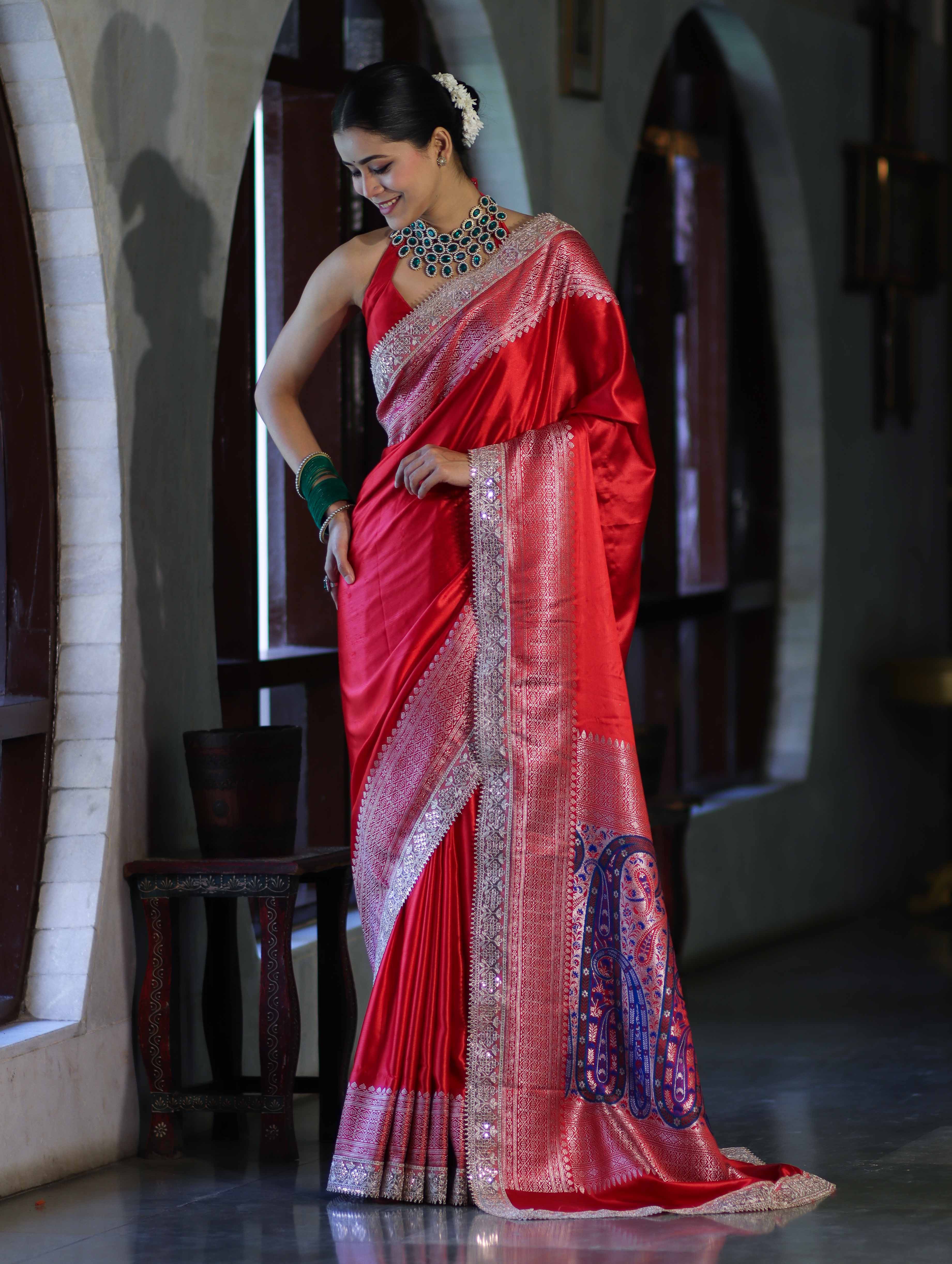 Banarasee Handloom Plain Mashru Silk Saree With Lace Border & Meenadar Pallu-Red