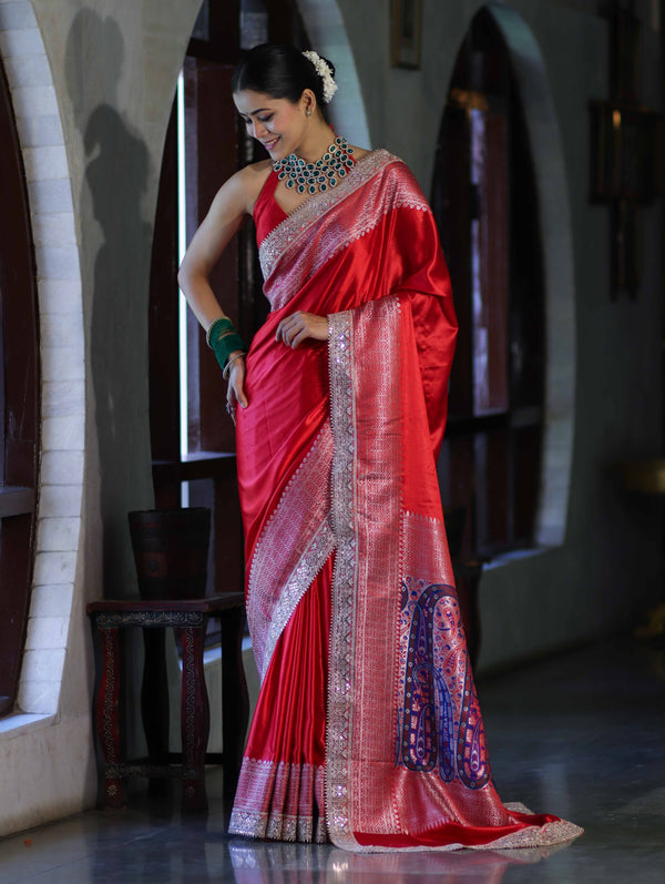 Banarasee Handloom Plain Mashru Silk Saree With Lace Border & Meenadar Pallu-Red