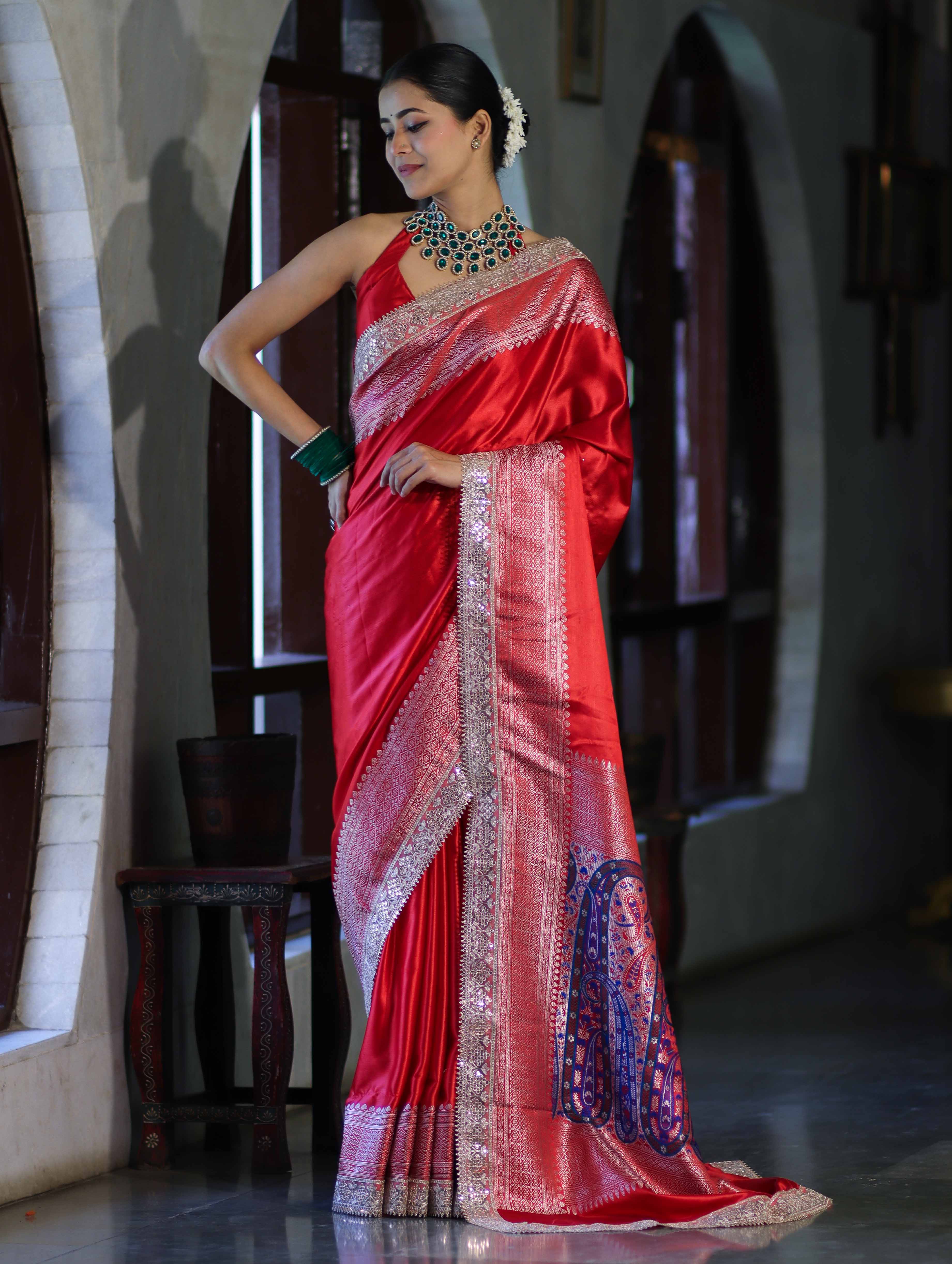 Banarasee Handloom Plain Mashru Silk Saree With Lace Border & Meenadar Pallu-Red