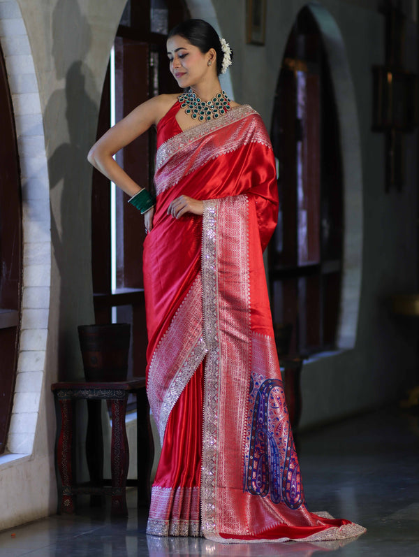 Banarasee Handloom Plain Mashru Silk Saree With Lace Border & Meenadar Pallu-Red