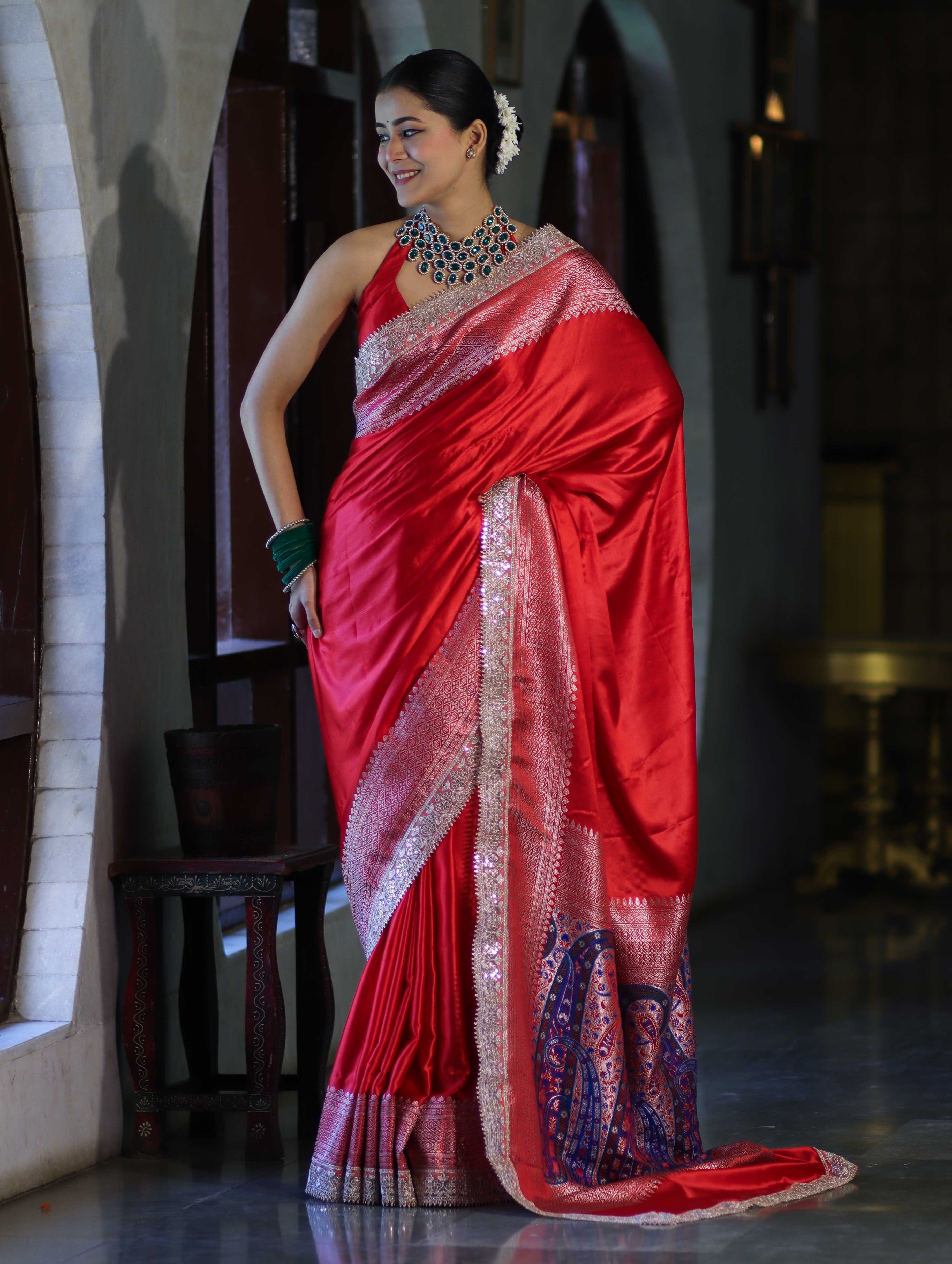 Banarasee Handloom Plain Mashru Silk Saree With Lace Border & Meenadar Pallu-Red