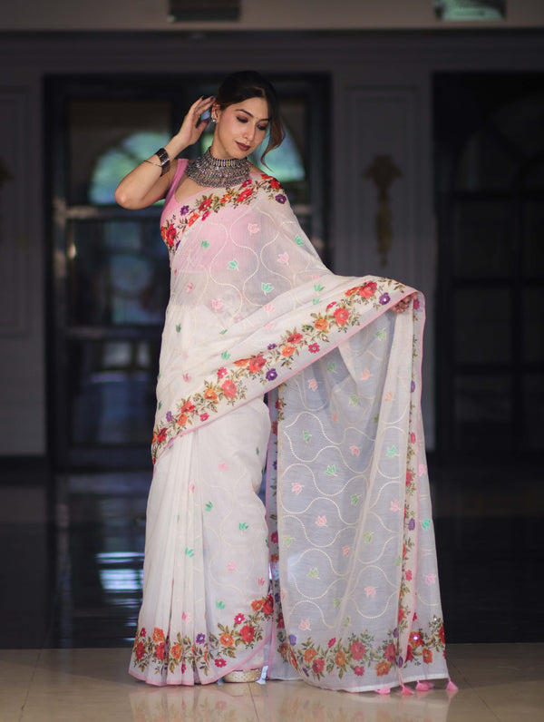 Banarasee Handloom Cotton Saree With Embroidered Floral Design & Digital Printed Border-White